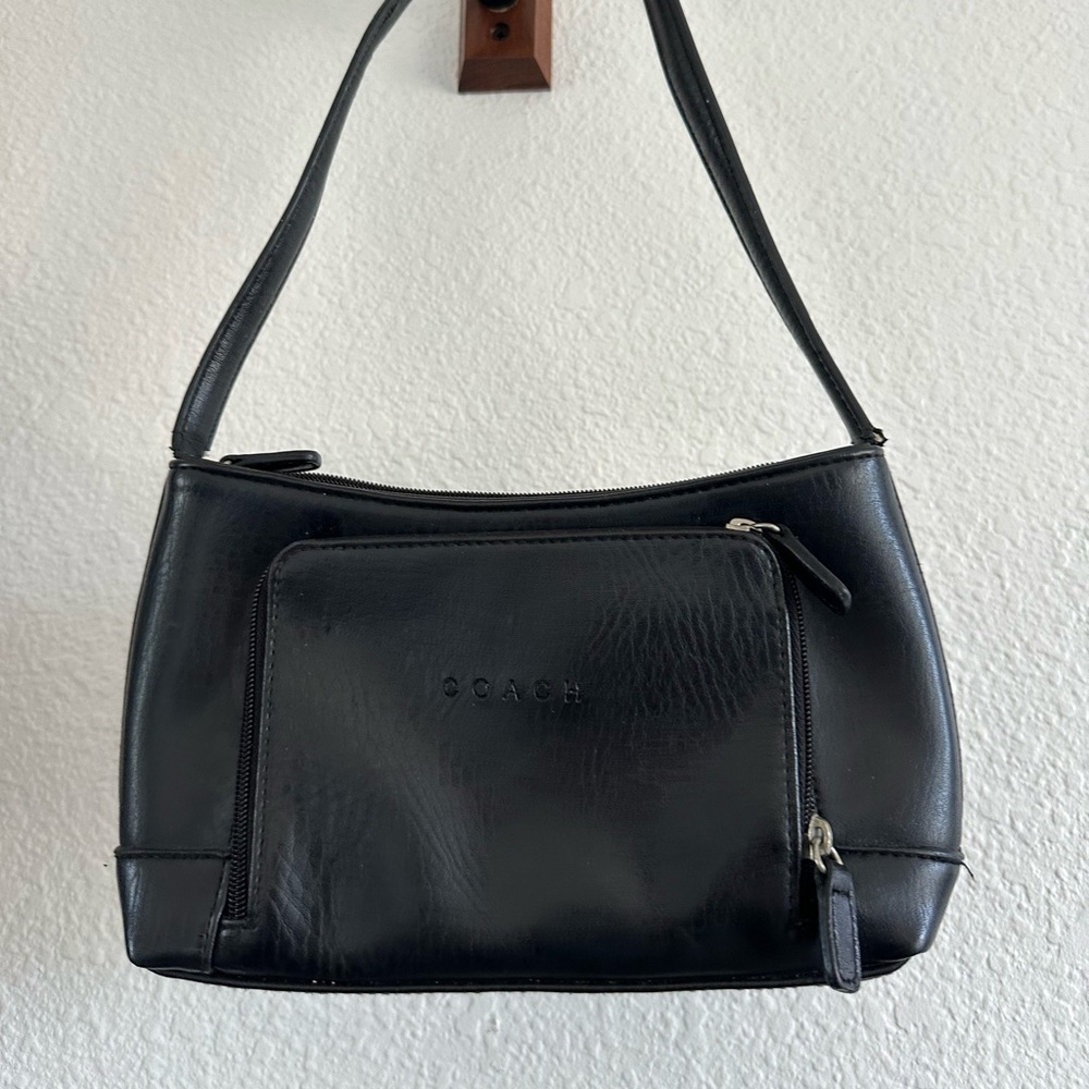 Coach Black Leather Shoulder Bag with Silver Hardware Zip Closure